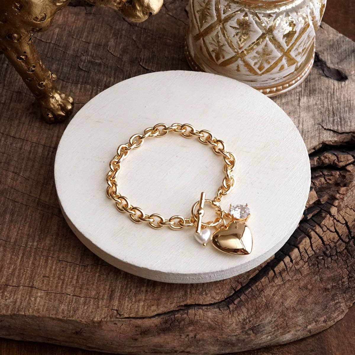 Heartstring Glow – Toggle Charm Bracelet with Pearl & Crystal