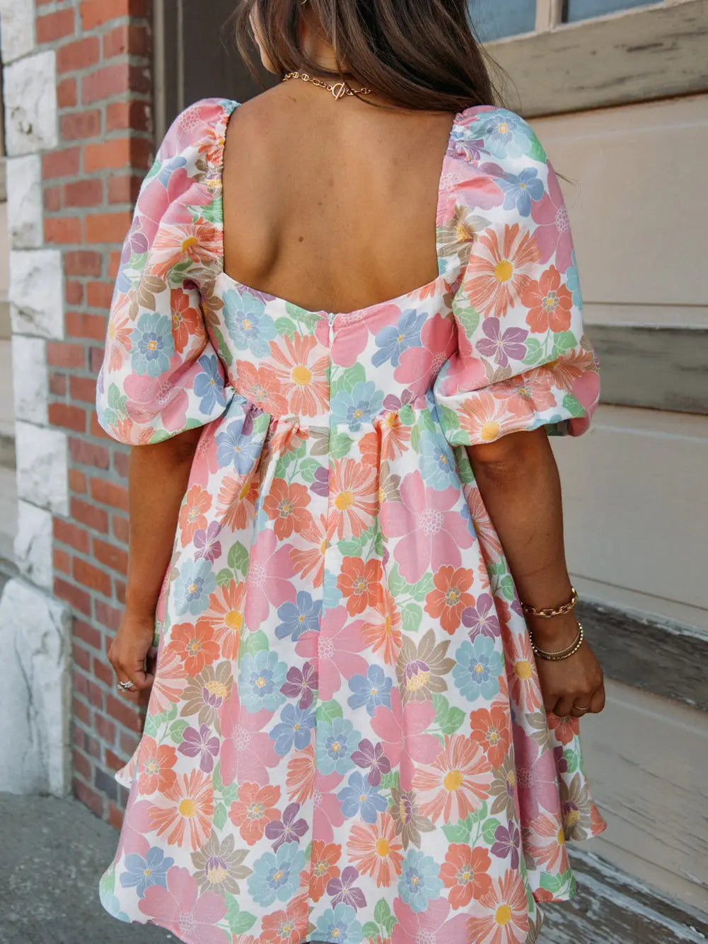 Pink Pastel Floral Puff Sleeve Dress