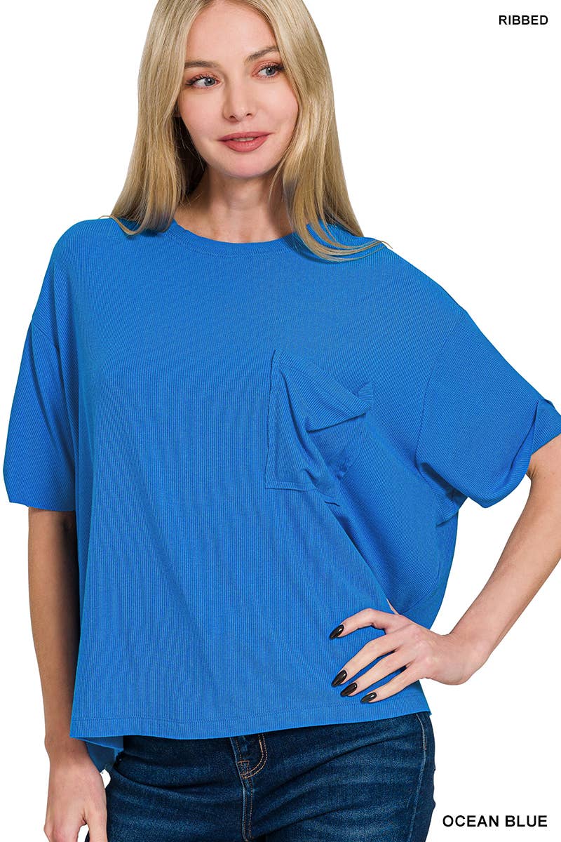 Oversized Ribbed Short Sleeve Tee w/ Back Patch - Zenana
