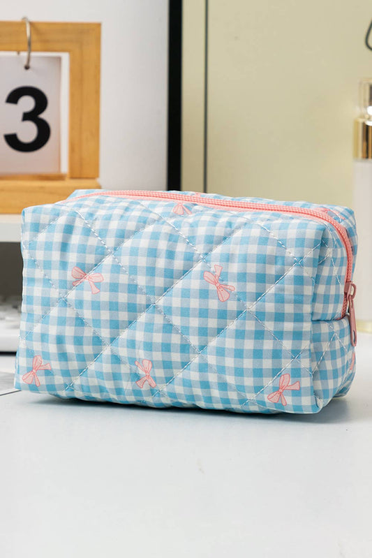 Bow Knot Print Quilted Zipper Cosmetic Bag