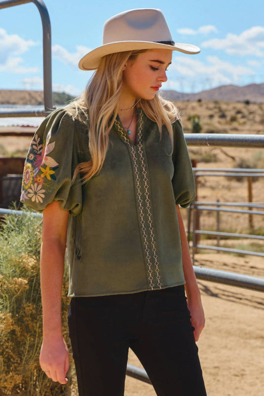 Faux Suede Puff Sleeve Top