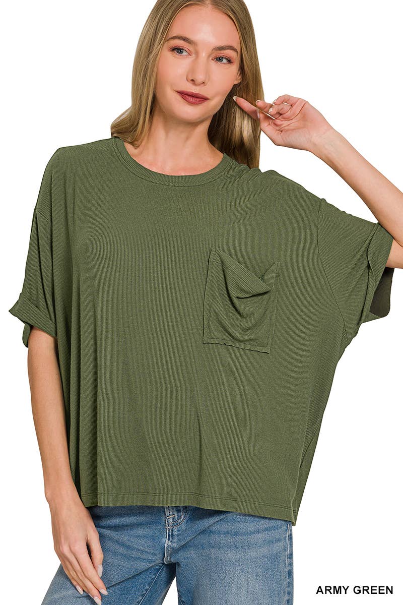 Oversized Ribbed Short Sleeve Tee w/ Back Patch - Zenana