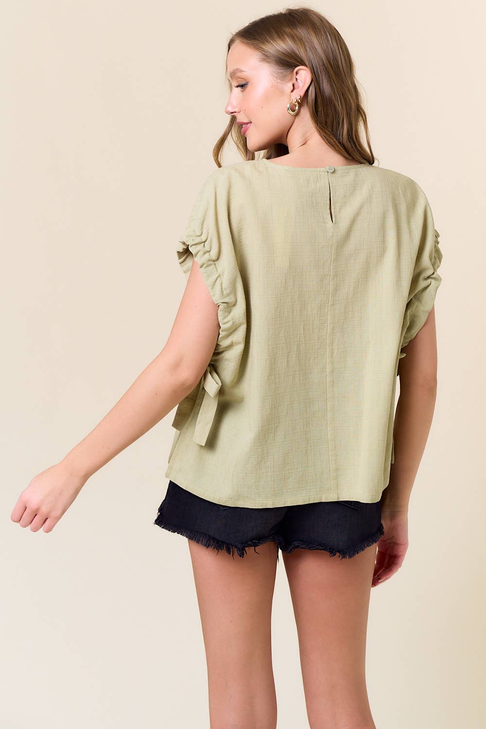 Round Neck Drawstring Short Sleeve Over-Sized Top