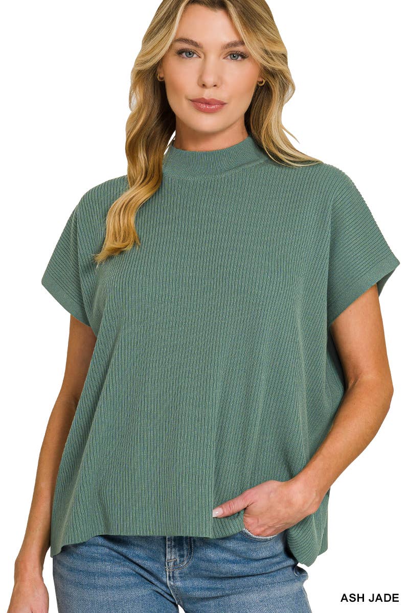 Viscose Mock Neck Short Sleeve Boxy Sweater SI-28297 Zenana