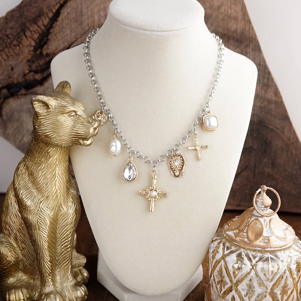 Golden Keepsake – Mixed Charm Cross Necklace