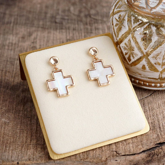 Mother of Pearl Cross Drop Earrings