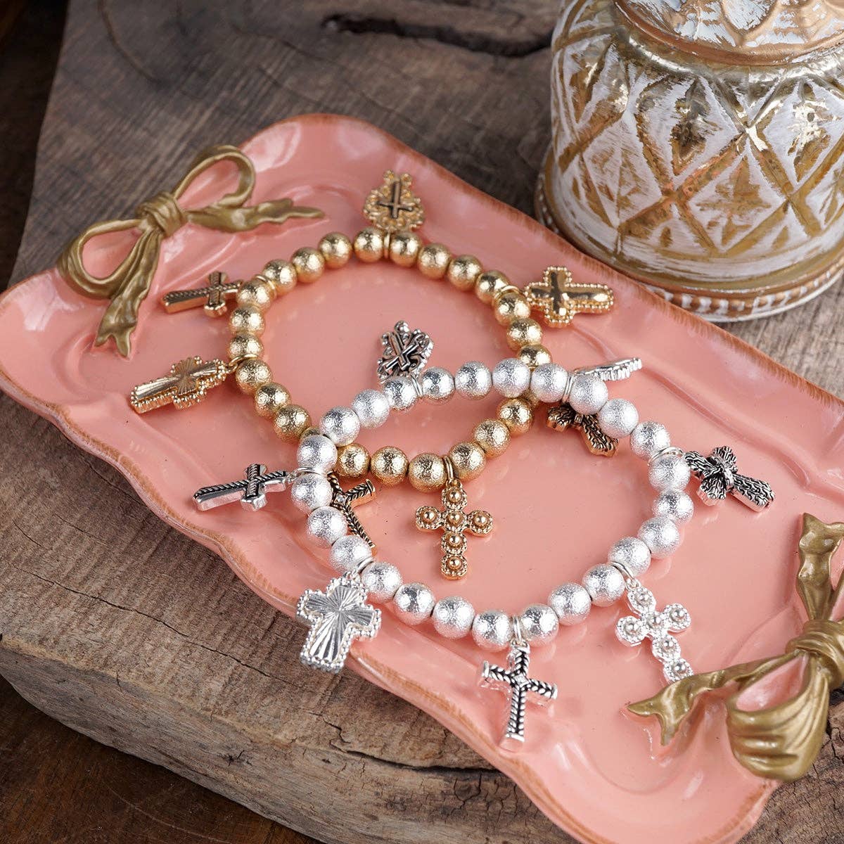 Faithful Path – Cross Charm & Beaded Stretch Bracelet