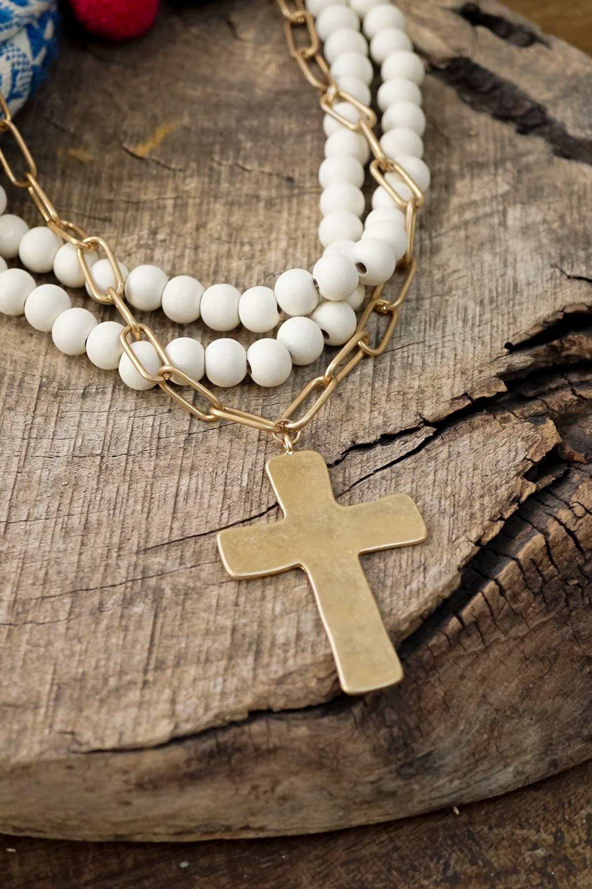 Multi Strand Wooden Beads Cross Necklace