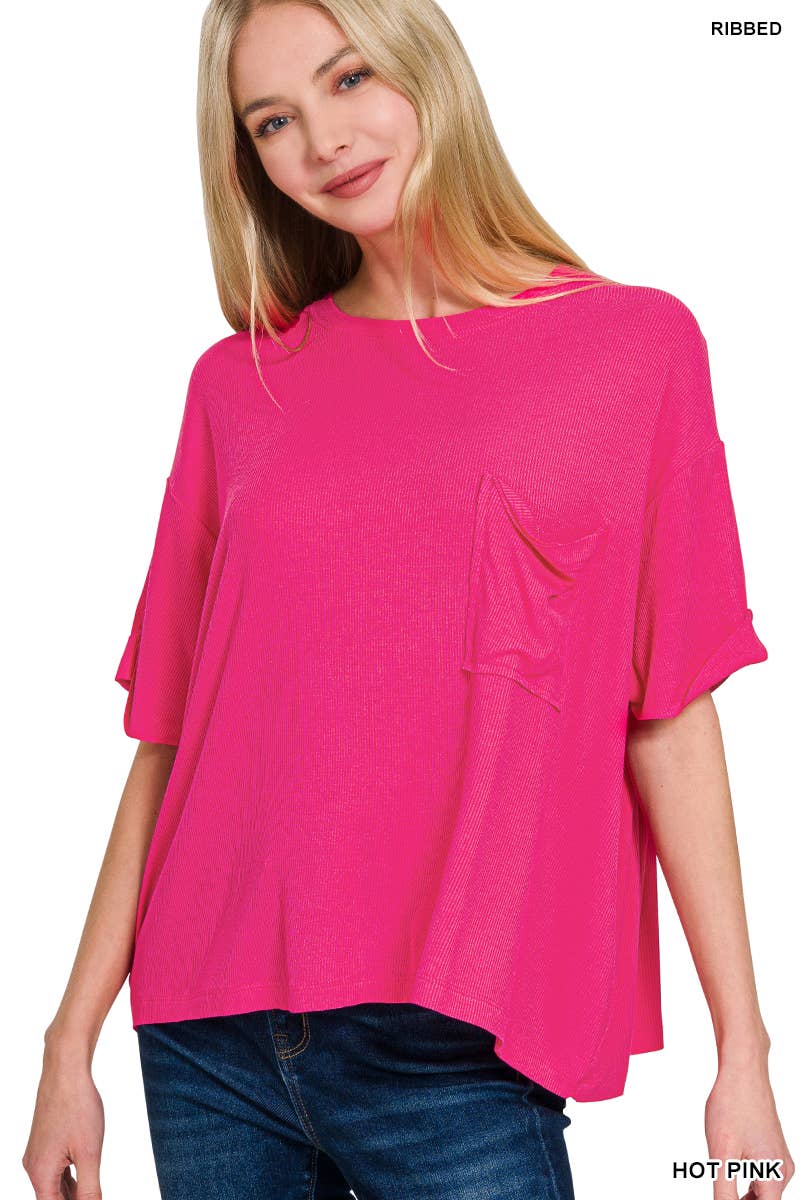 Oversized Ribbed Short Sleeve Tee w/ Back Patch - Zenana