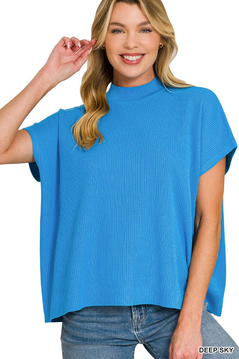 Viscose Mock Neck Short Sleeve Boxy Sweater SI-28297 Zenana