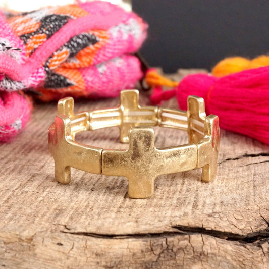 Hammered Sideways Cross Bracelet in Worn Gold Tone