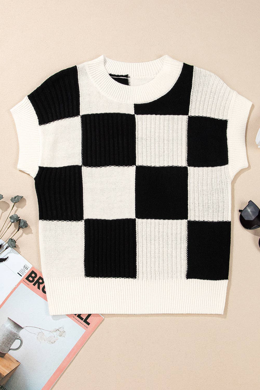 Checker Colorblock Short Sleeve Sweater