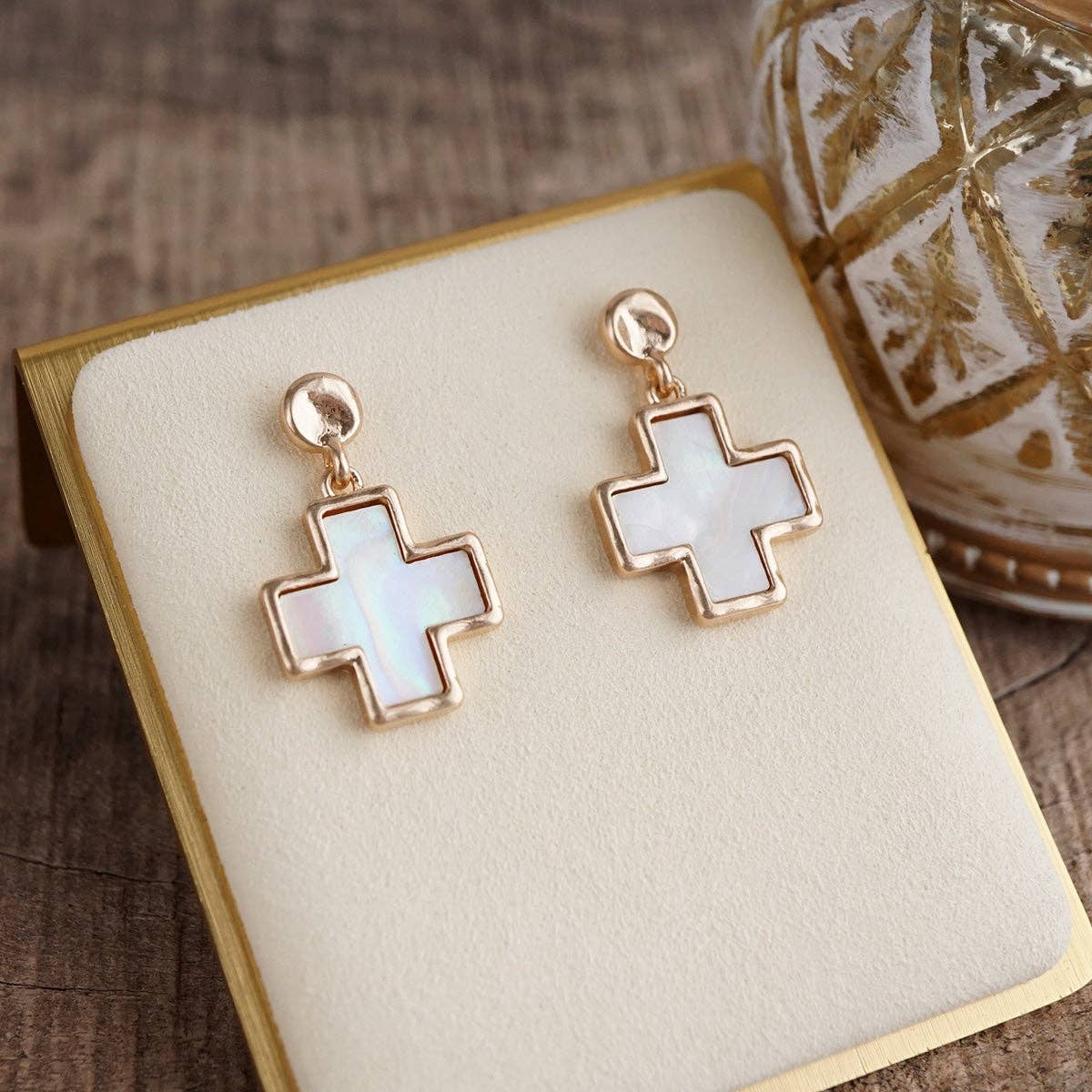 Luminous Cross – Mother of Pearl Drop Earrings