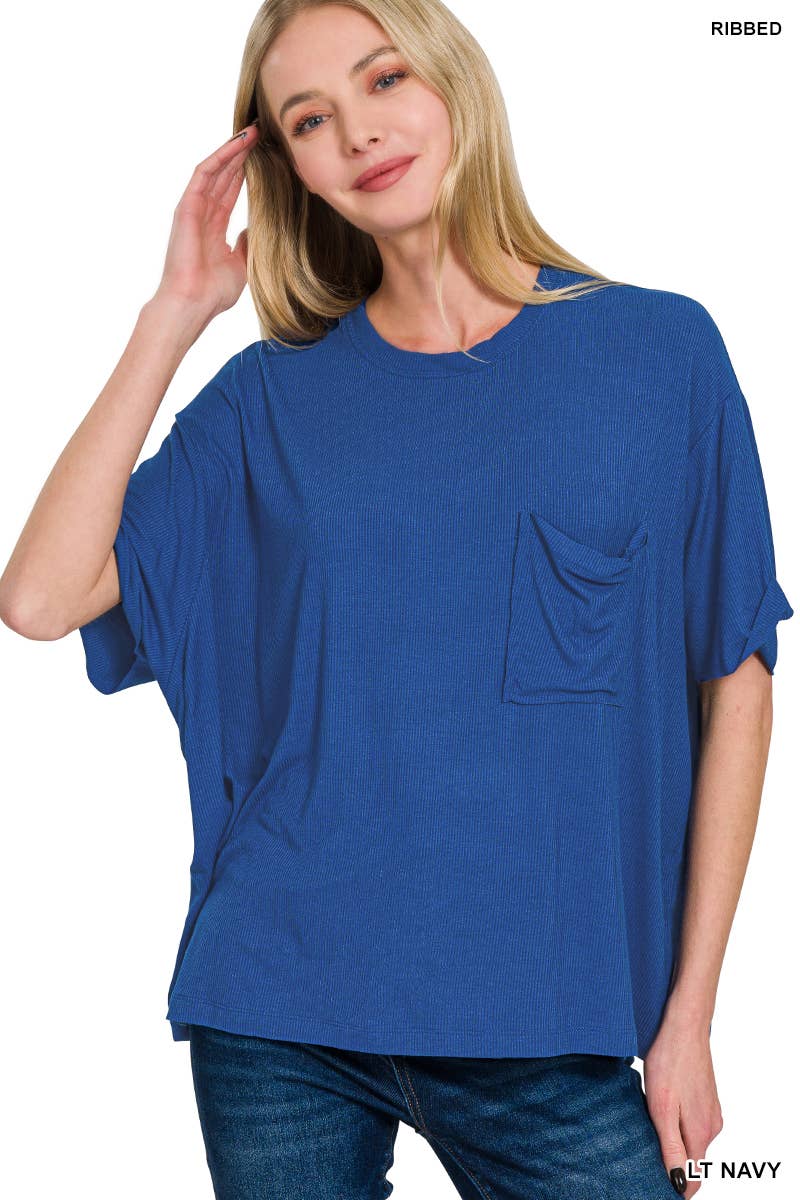 Oversized Ribbed Short Sleeve Tee w/ Back Patch - Zenana