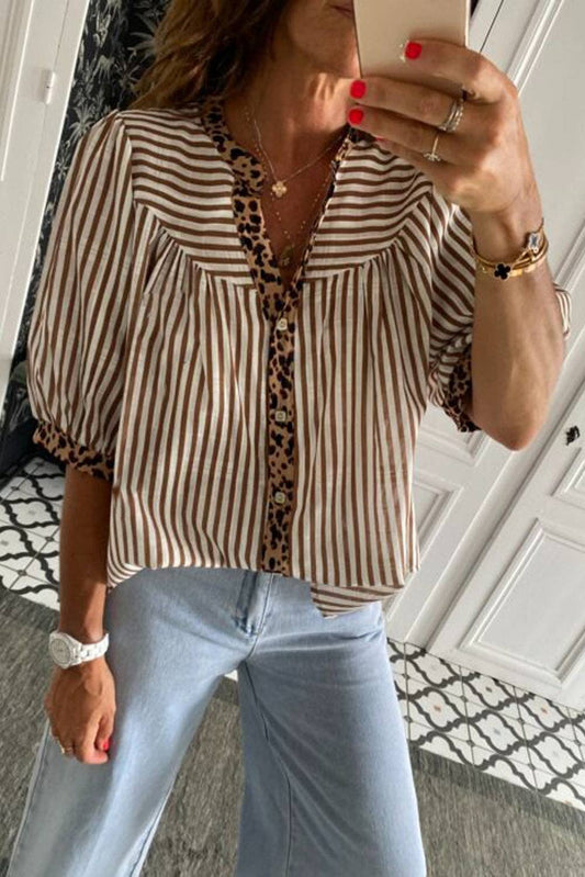 Leopard Trim V Neck Brown Stripe Button Down Top
