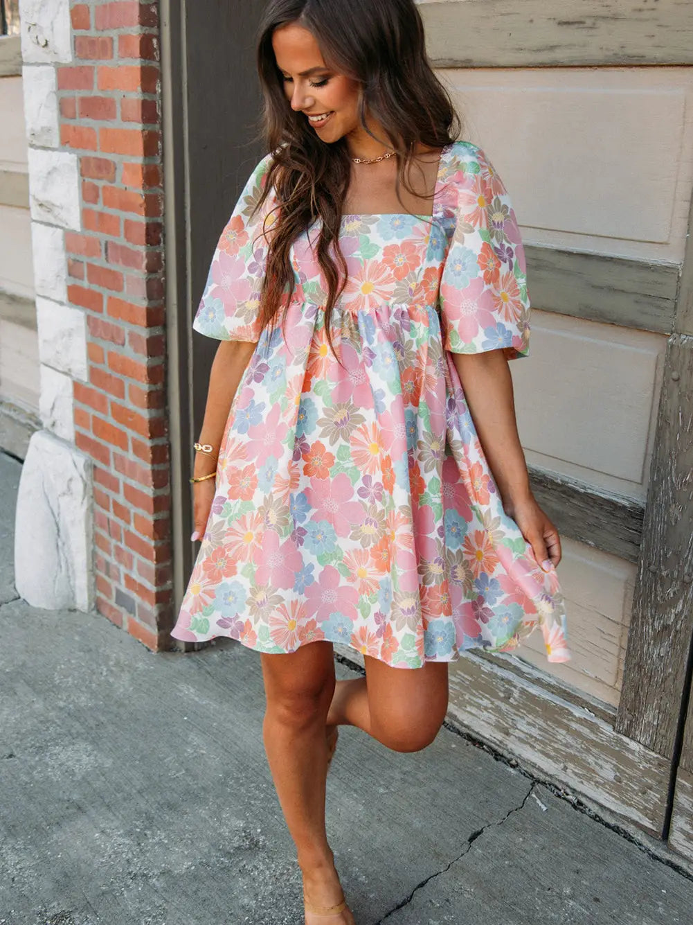 Pink Pastel Floral Puff Sleeve Dress