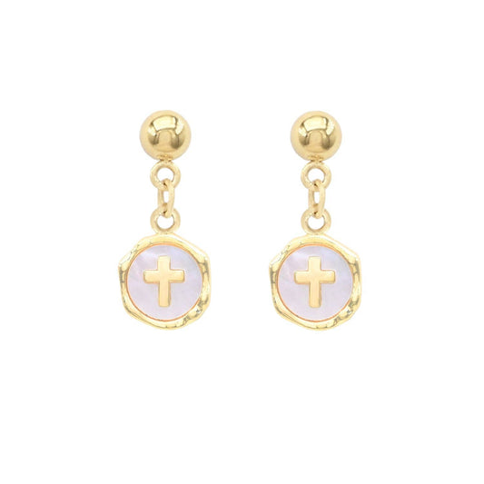 Waterproof Stainless-Steel Pearlized Circle with Gold Cross 1" Stud Drop Earring 3338