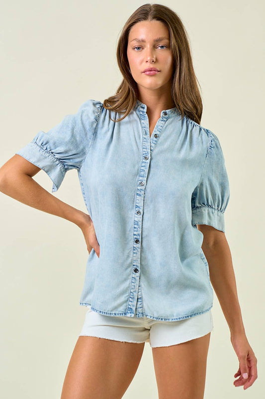 DENIM BUTTON FRONT TENCEL TOP
