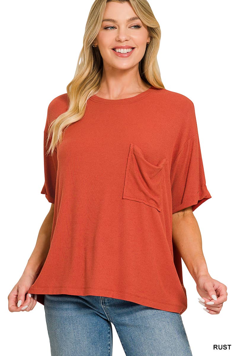 Oversized Ribbed Short Sleeve Tee w/ Back Patch - Zenana