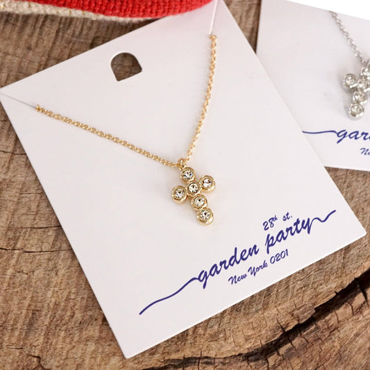 Classic Dainty Cross and Crystal Necklace – Gold Tones