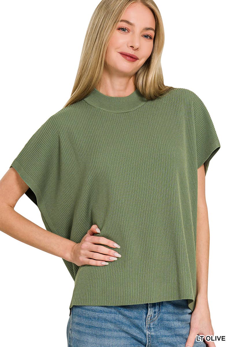 Viscose Mock Neck Short Sleeve Boxy Sweater SI-28297 Zenana
