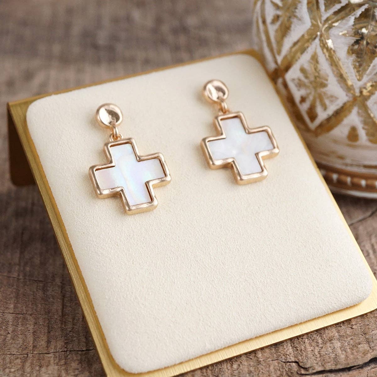 Luminous Cross – Mother of Pearl Drop Earrings