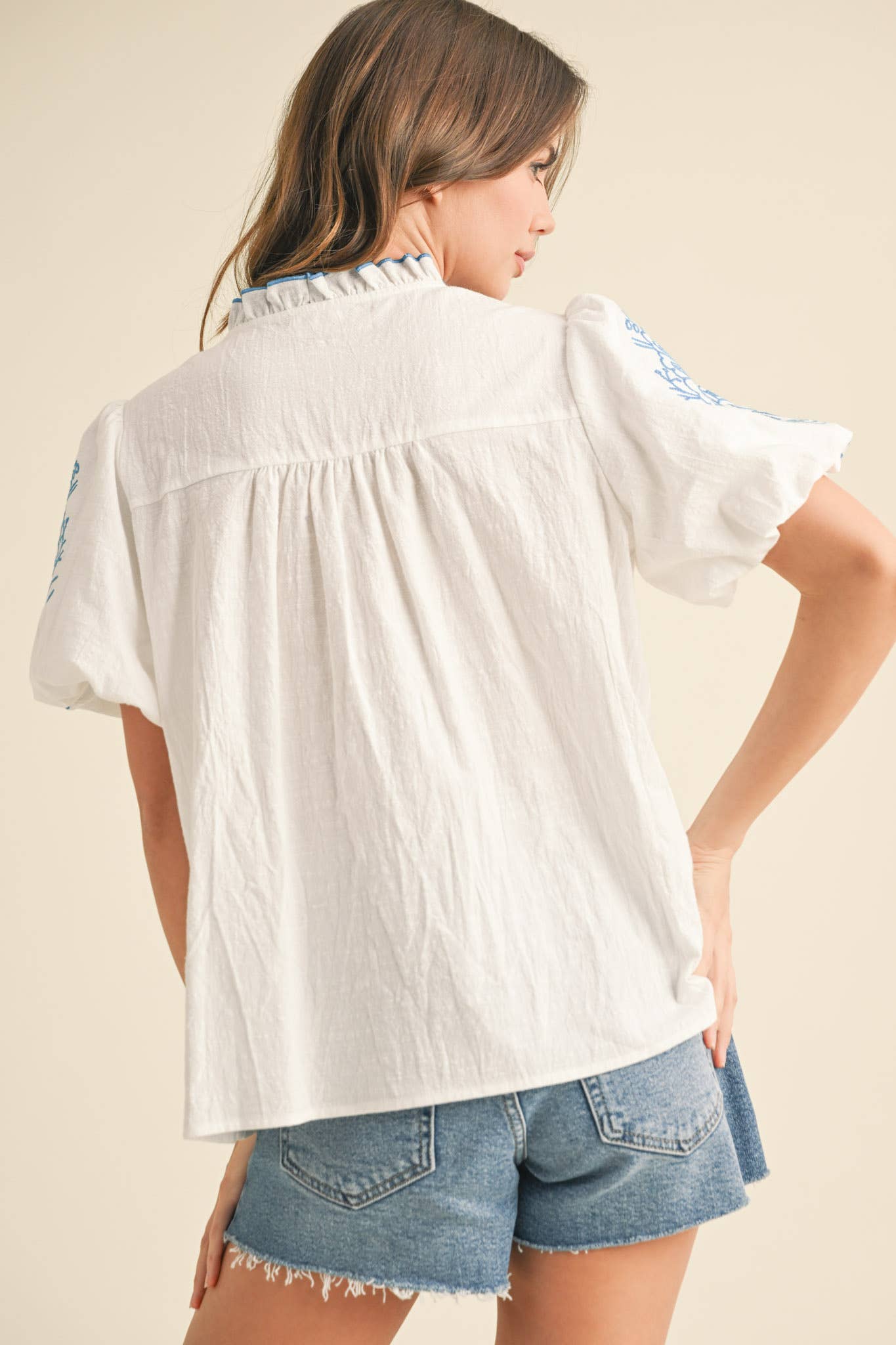 EMBROIDERED "MIA" BUBBLE SLEEVE TOP