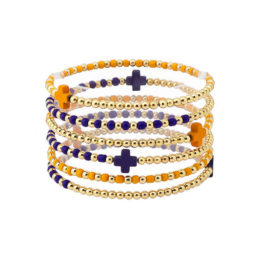 Gameday Set of 6 Orange and Navy Beaded Stretch Bracelets 6065