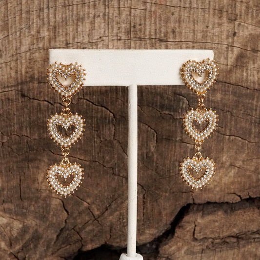 3 Hearts Dangle Post Earrings with Pearls and Crystals