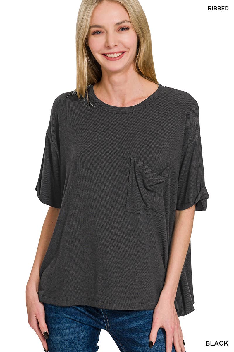 Oversized Ribbed Short Sleeve Tee w/ Back Patch - Zenana