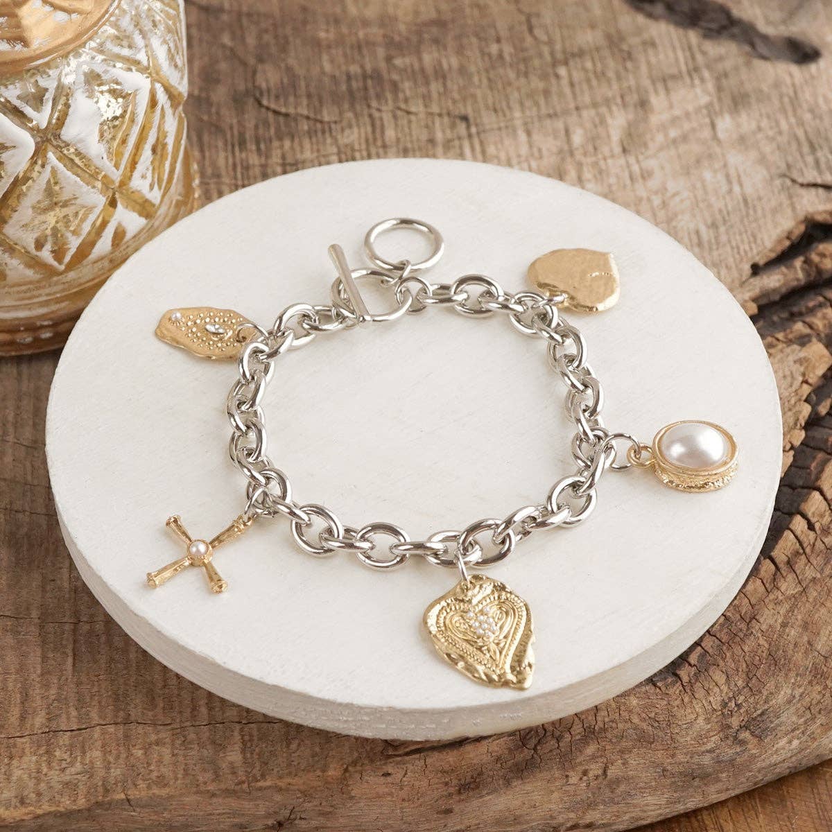Charm Toggle Bracelet - Heart Cross Pearl – Golden Keepsake