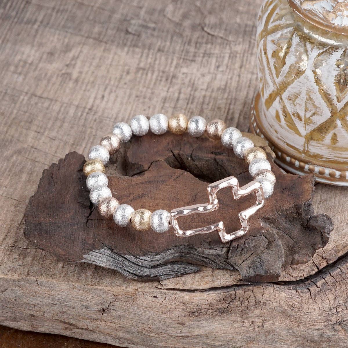 Faithful Path – Cross Charm & Beaded Stretch Bracelet