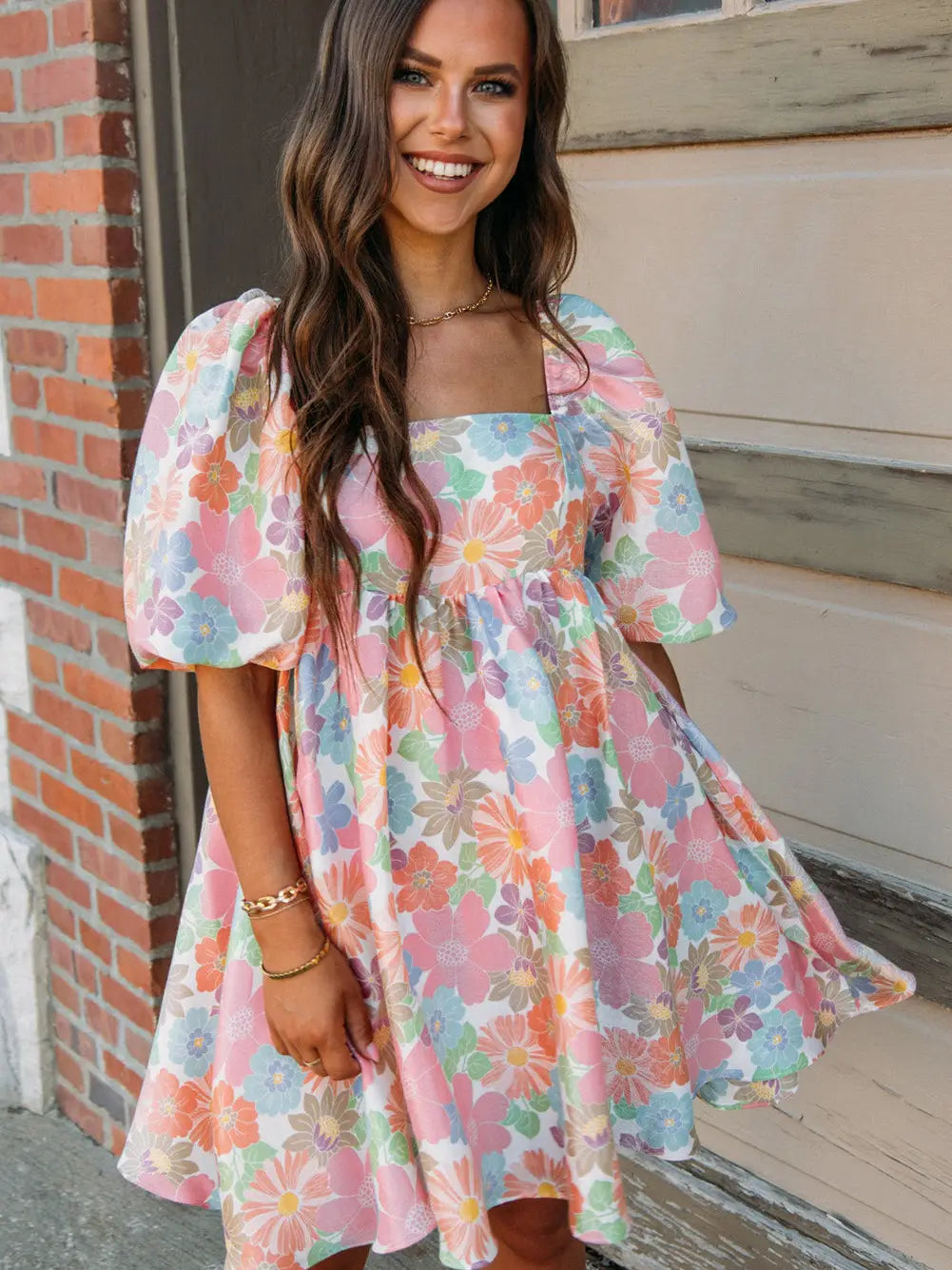 Pink Pastel Floral Puff Sleeve Dress