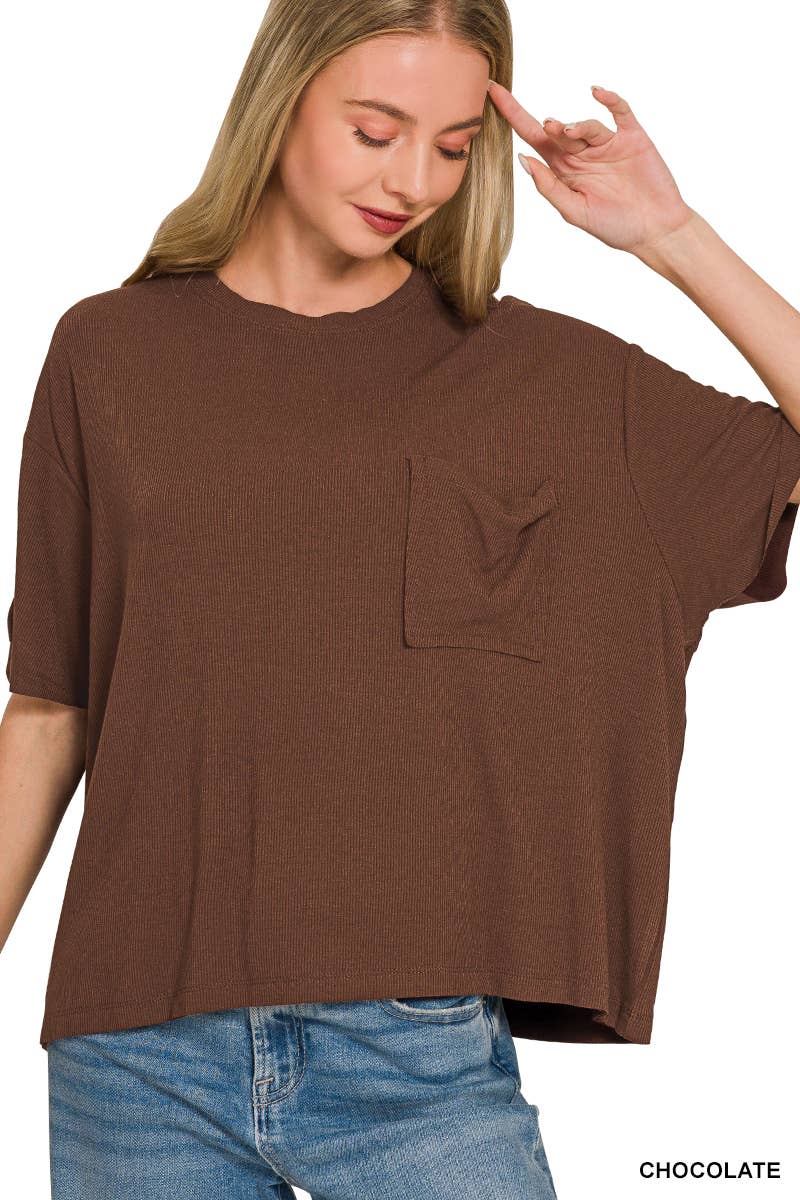 Oversized Ribbed Short Sleeve Tee w/ Back Patch - Zenana