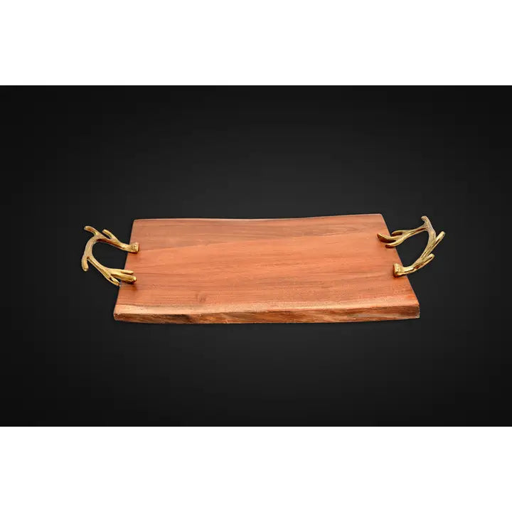 Wood Tray with Gold Antler Handles