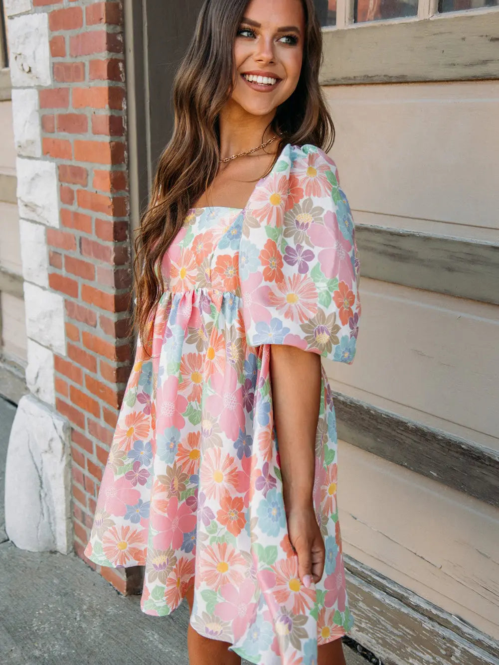 Pink Pastel Floral Puff Sleeve Dress