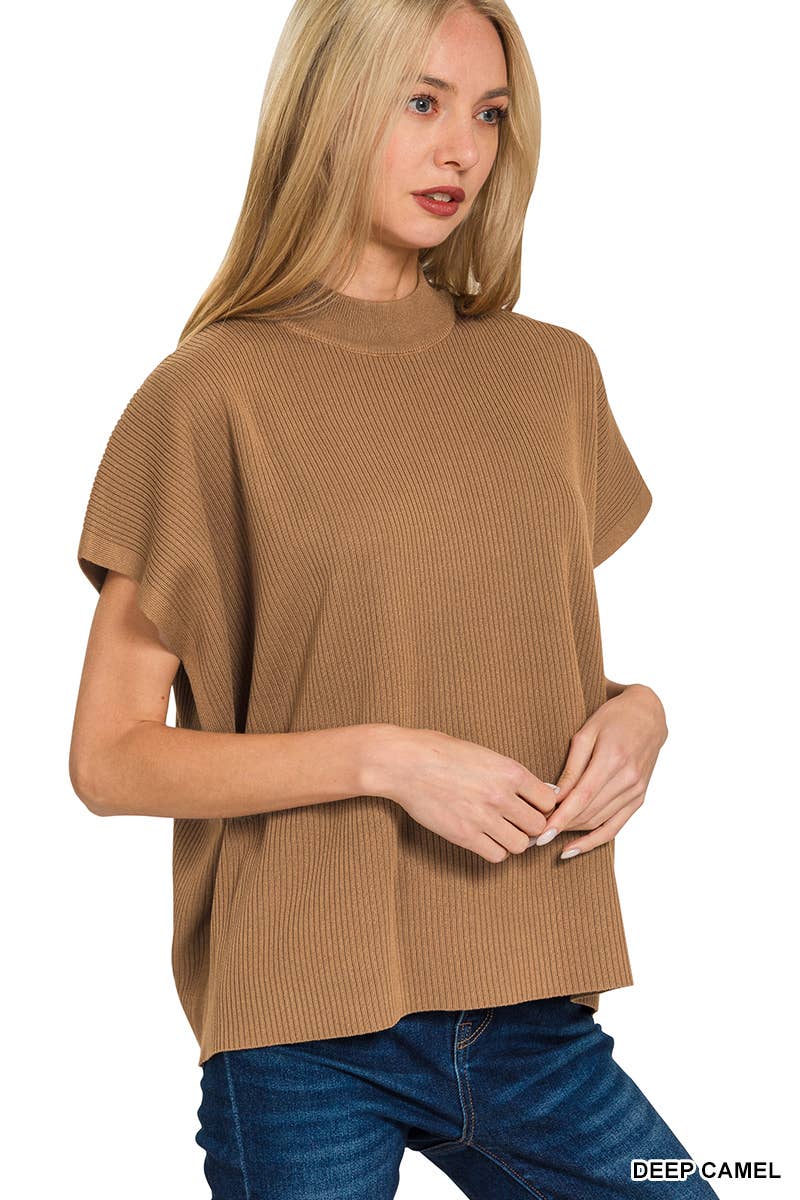 Viscose Mock Neck Short Sleeve Boxy Sweater SI-28297 Zenana