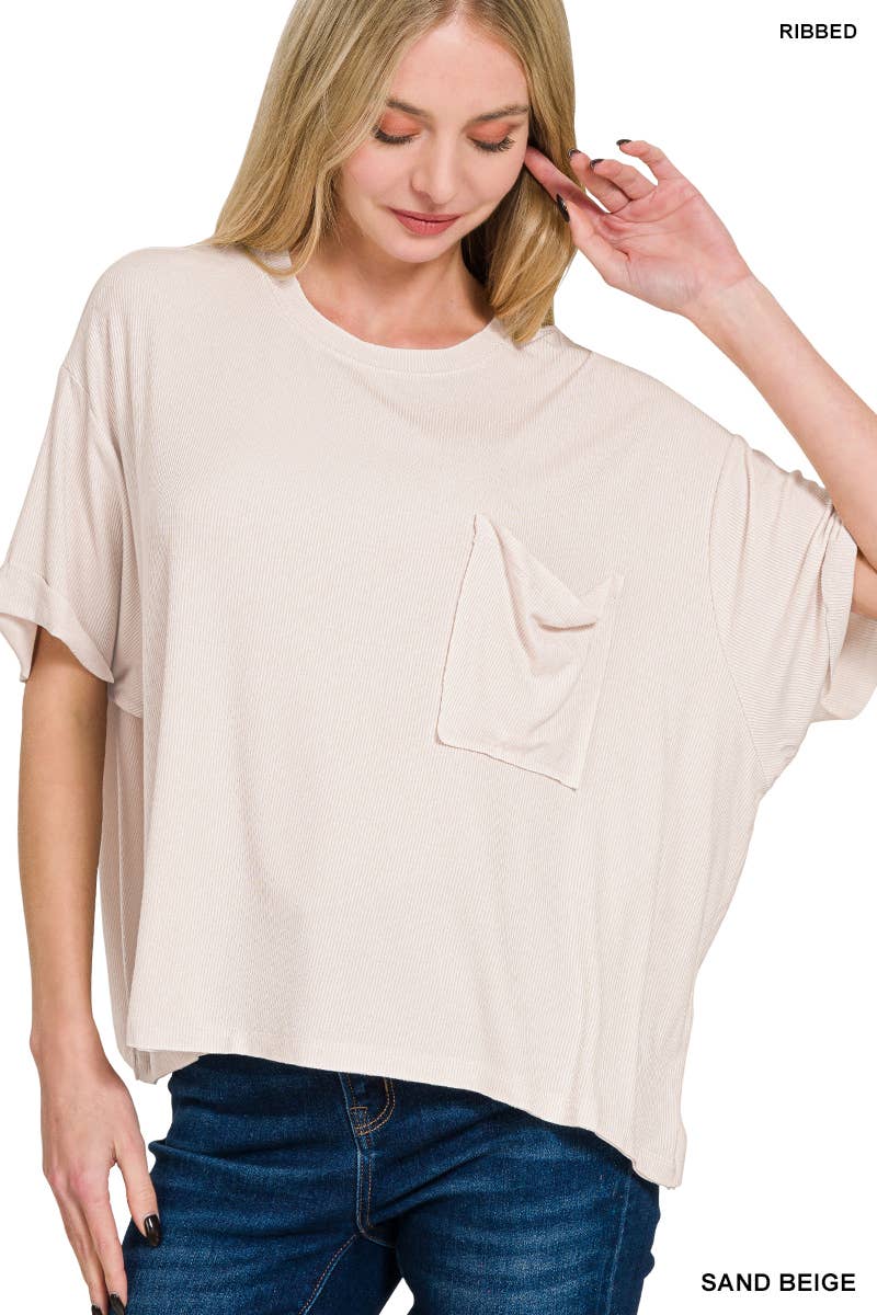 Oversized Ribbed Short Sleeve Tee w/ Back Patch - Zenana