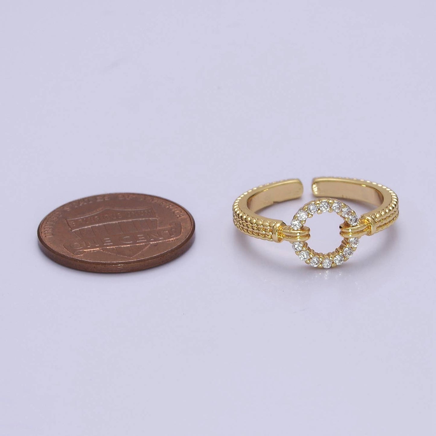 Micro Pave Geometric Round Shape Gold Open Ring O2071