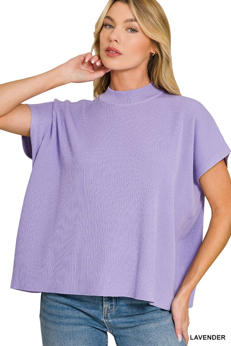 Viscose Mock Neck Short Sleeve Boxy Sweater SI-28297 Zenana