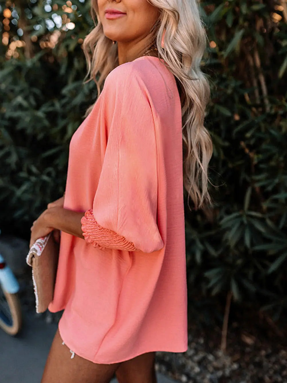 Coral Shirred Cuffs Top