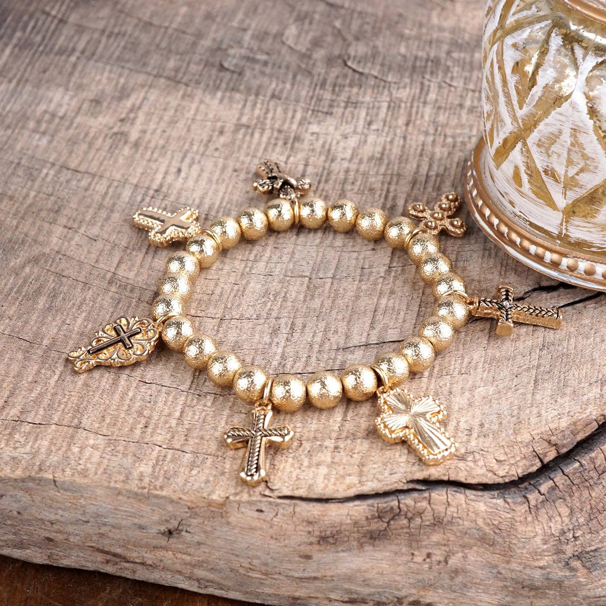 Faithful Path – Cross Charm & Beaded Stretch Bracelet