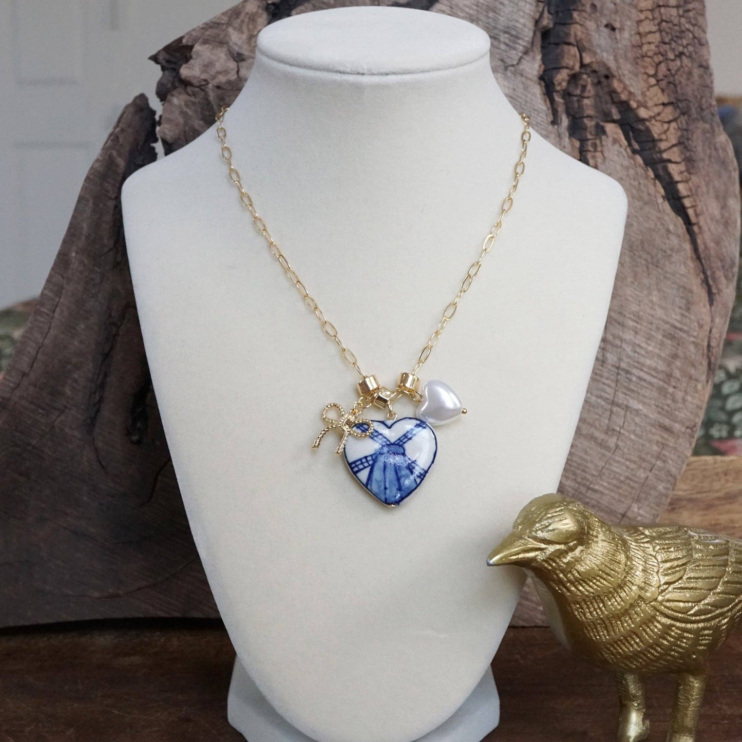 Multi-Charm Chinoiserie Heart & Bow Necklace – Blue & Gold
