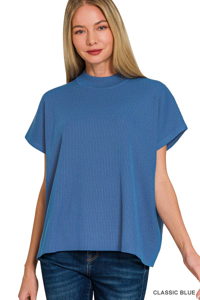 Viscose Mock Neck Short Sleeve Boxy Sweater SI-28297 Zenana