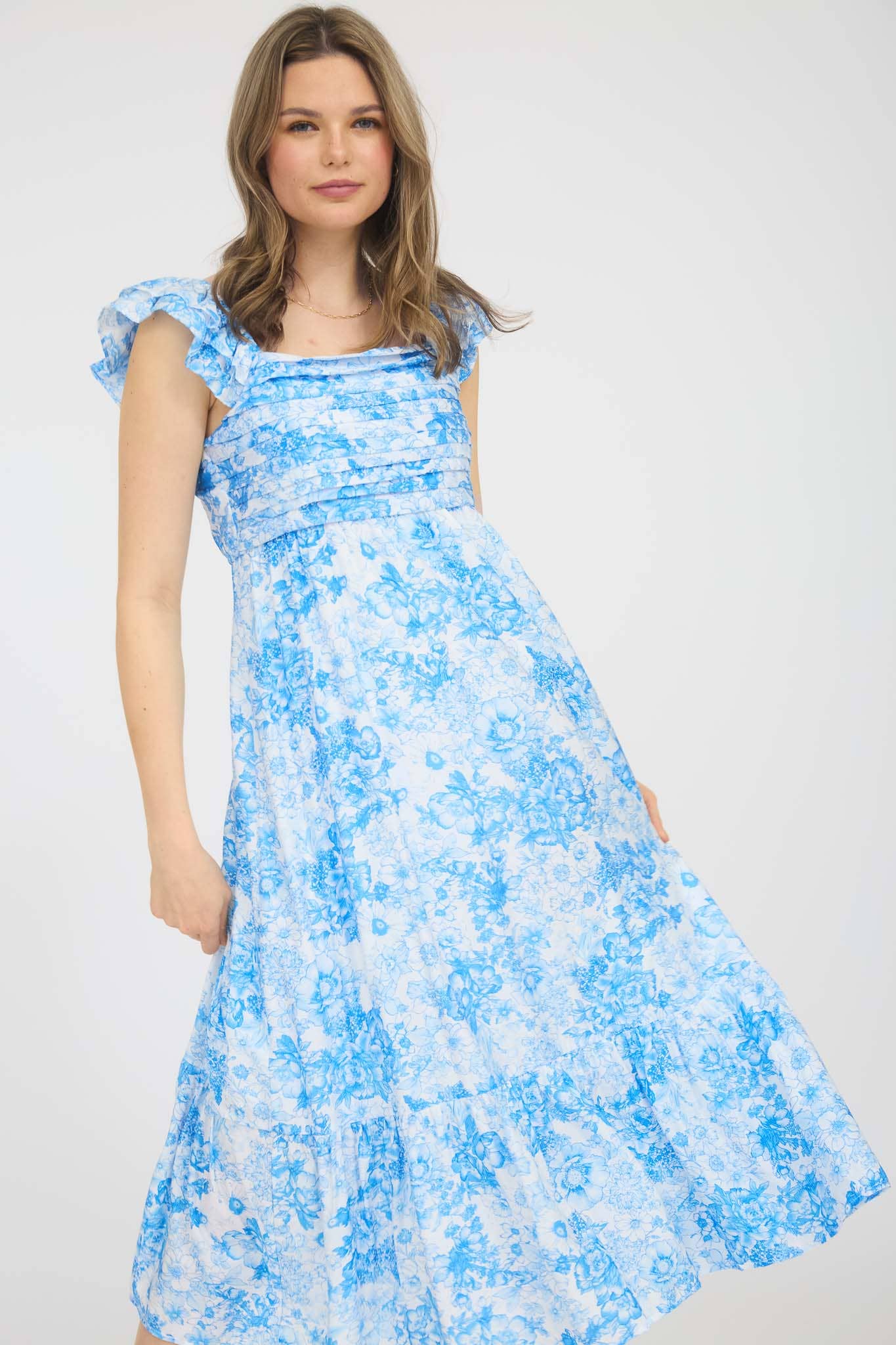 FLORAL RUFFLE STRAP DETAIL PLEATED MIDI DRESS
