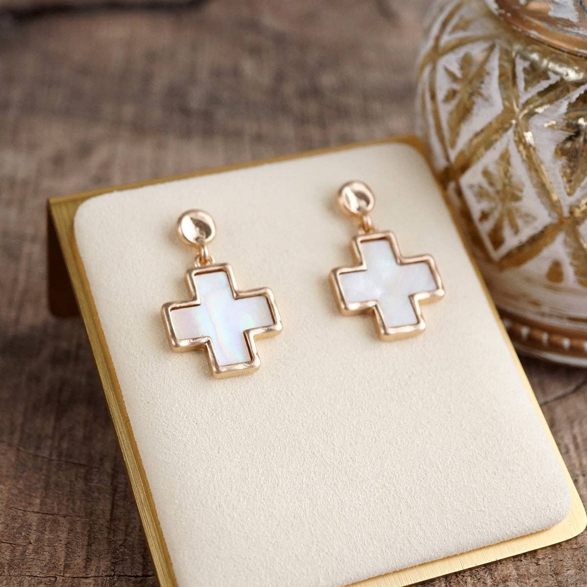 Luminous Cross – Mother of Pearl Drop Earrings