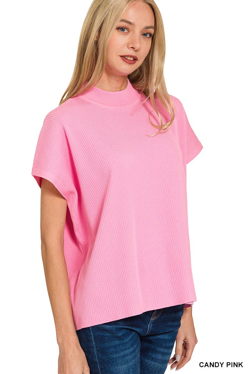 Viscose Mock Neck Short Sleeve Boxy Sweater SI-28297 Zenana