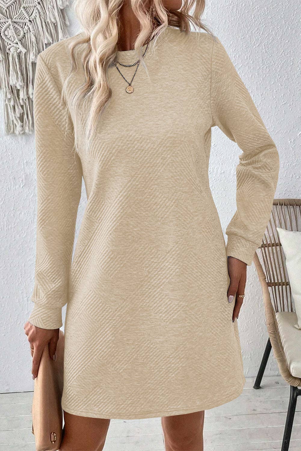 Solid Textured Long Sleeve Dress