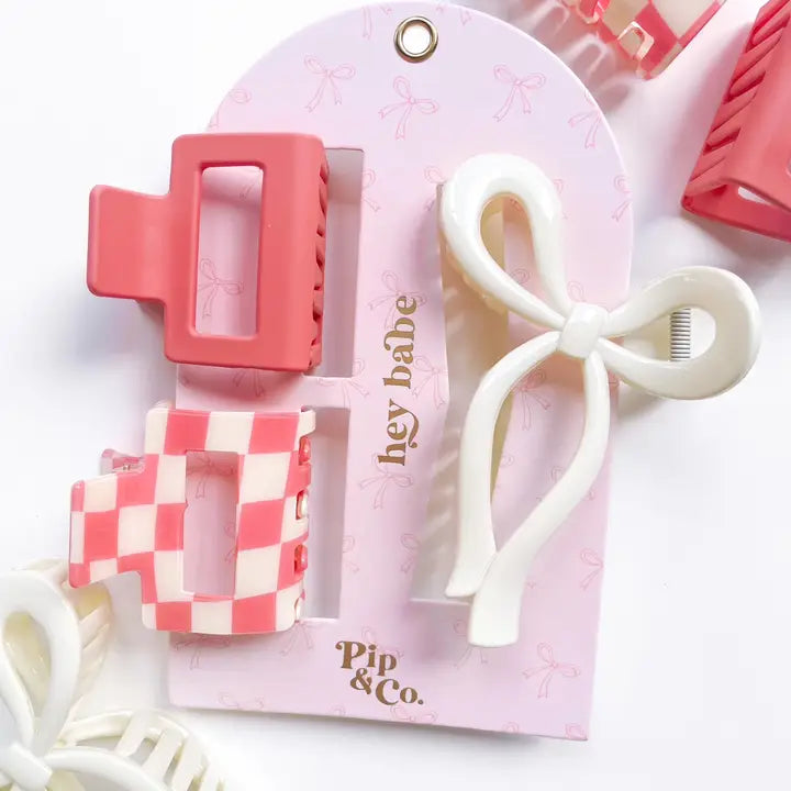 Pink Bow and Checkered Claw Hair Clip Set