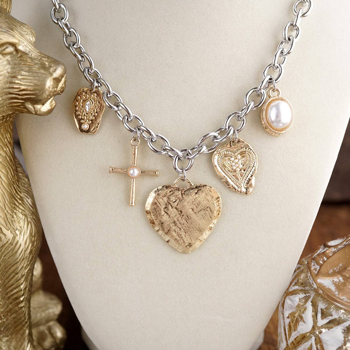 Golden Keepsake – Mixed Charm Heart Necklace